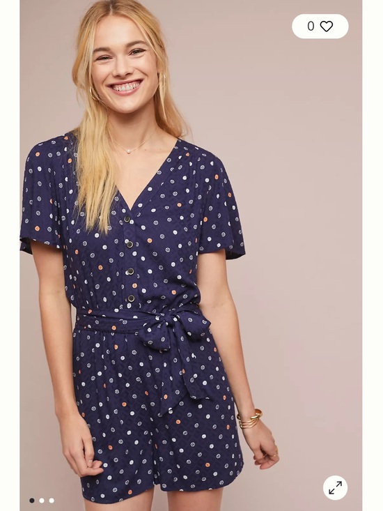 Anthropologie Pants - ett:twa by Anthropologie Navy Polka-Dot Short-Sleeve Romper Large